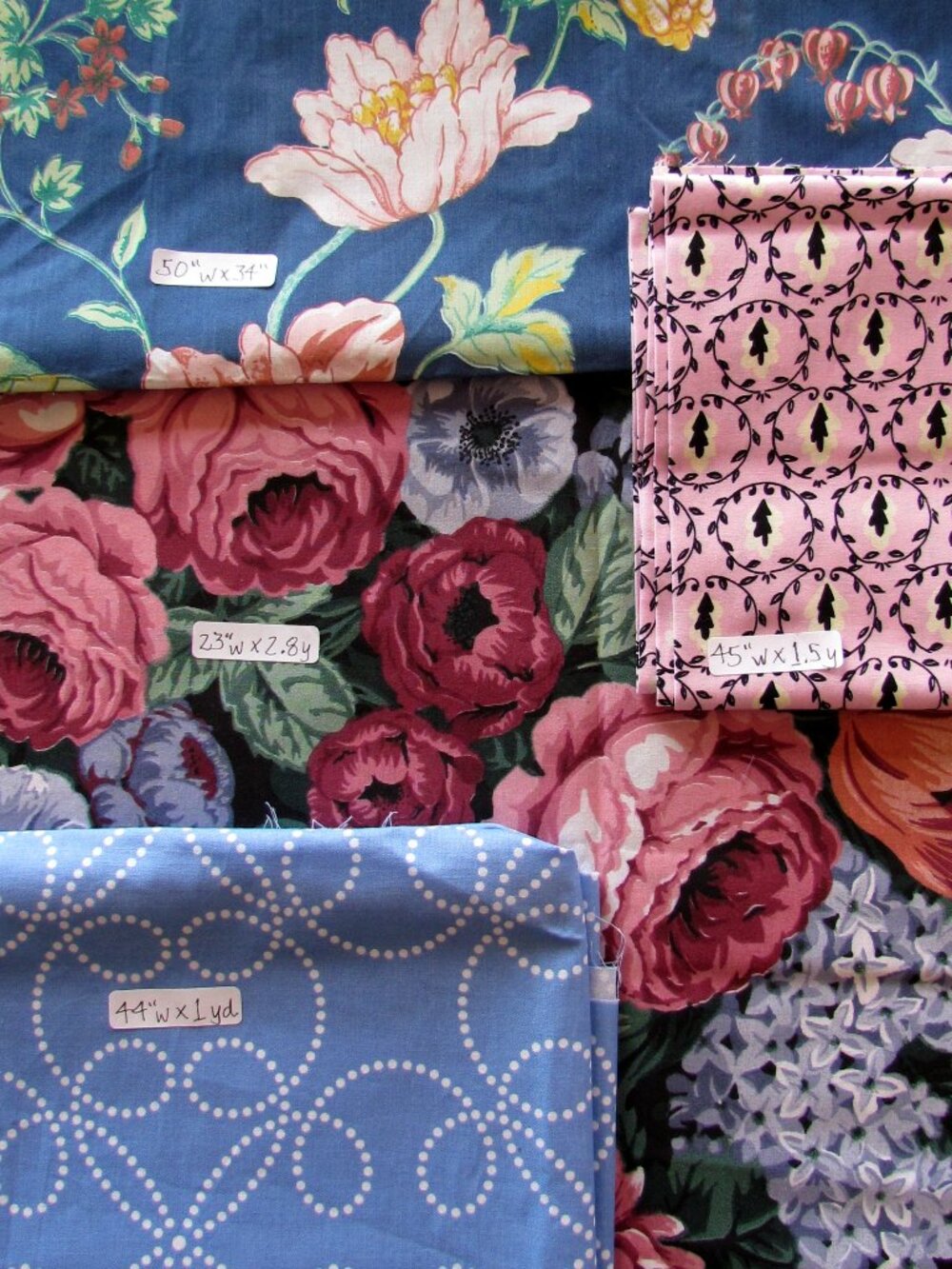 COTTON FABRIC LOT for SEWING, QUILTING, 4 NEW MATERIALS in BLUE & PINK PRINTS